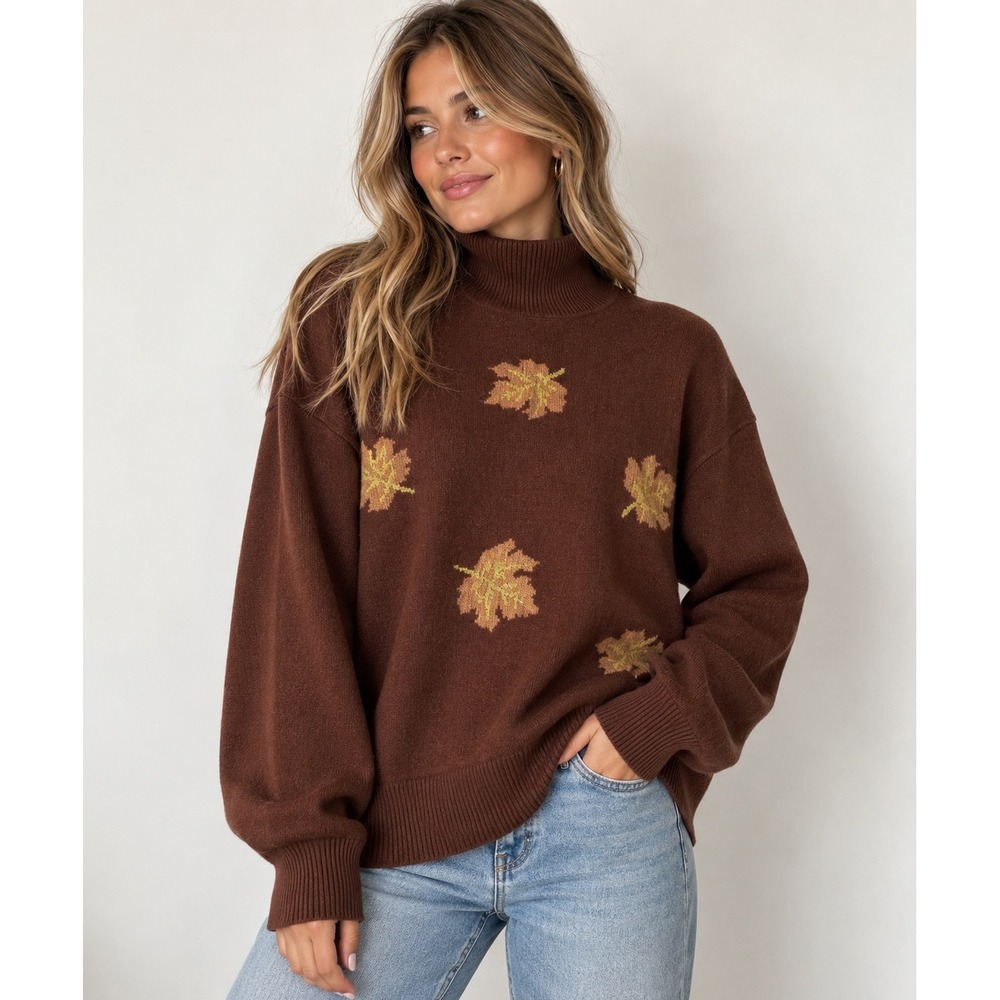 Retrology Brown Leaf Print Turtleneck Sweater Women's 2X Plus Size NWT